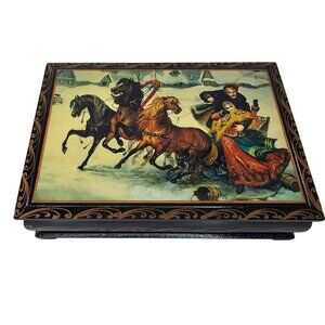 Boyarinoff Russian Lacquer Tea Box Handmade Wood Winter Holiday Horse Sleigh